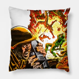 Comic Soldiers in War Radio Transmitter Bomb Explosion. Fighting Fronts. Retro Vintage Pillow