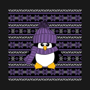 Purple Penguin Poinsettia Ugly Christmas Sweater Design T-Shirt