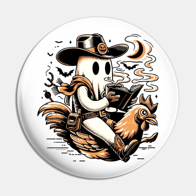 Cowboy Ghost Riding Chicken And Reading Book With Coffee Pin by VisionDesigner