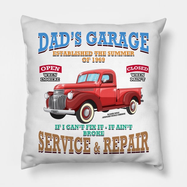 Dad's Garage Classic Car Racing Hot Rod Novelty Gift Pillow by Airbrush World