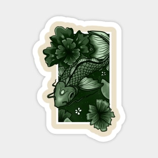 Koi Fish Swimming Through Water and Flowers - Metallic Green Edition Magnet