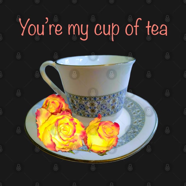 You’re my cup of tea - saying with teacup, saucer and yellow roses with red tips by Artonmytee