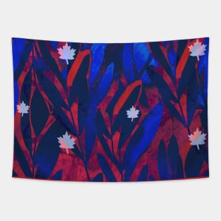 Icy Maple leaves on a deep ruby and sapphire leaf background Tapestry