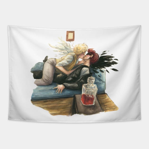 Good Omens 2 watercolour kiss Tapestry by Carlotta Mascolo Art