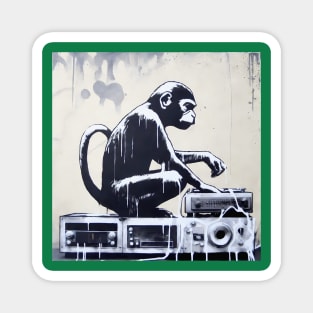 Side view of Banksy monkey playing on vinyl record Magnet