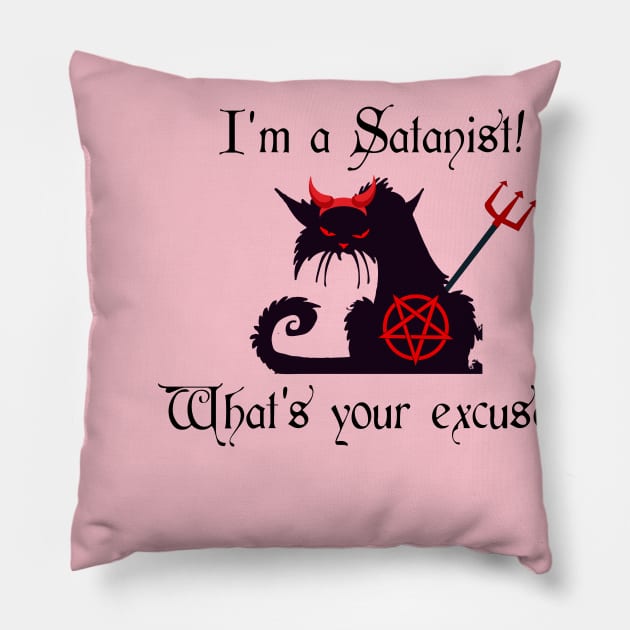 I'm a Satanist! What's your excuse? Cute Cat with Devil Horns Pillow by TraditionalWitchGifts