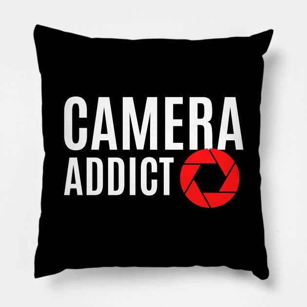 White Camera Addict and red aperture design for photographers and camera enthusiasts Pillow by BlueLightDesign