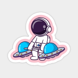 Cute Astronaut Lifting Ufo Barbell Cartoon Magnet