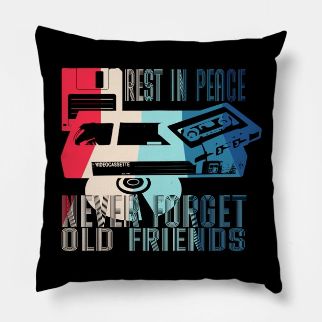 Never Forget Old Friends - Rest in Peace CD, VHS, DISK and CASSETTE, Vintage, Retro oldies design, old school Pillow by SSINAMOON COVEN