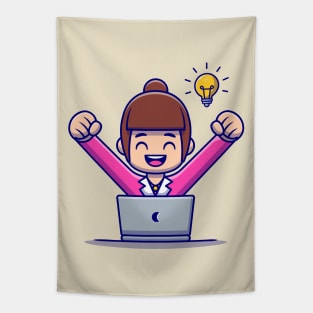 Happy Woman Employee With Laptop Tapestry