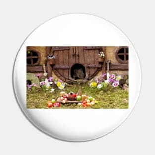 George the mouse in a log pile house - summer fruits for dinner Pin