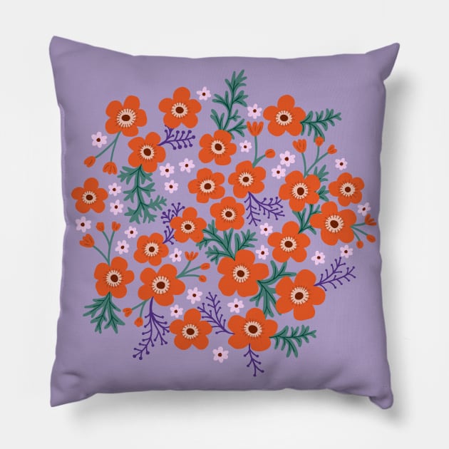 Buttercup garden in coral and lavender Pillow by Natalisa