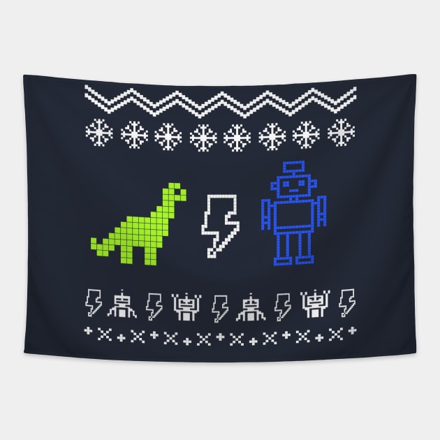 Dino Vs. Robot Ugly Christmas Sweater Tapestry by HilariousDelusions