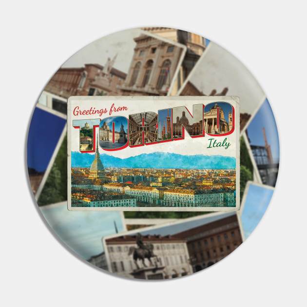 Greetings from Torino in Italy Vintage style retro souvenir Pin by DesignerPropo