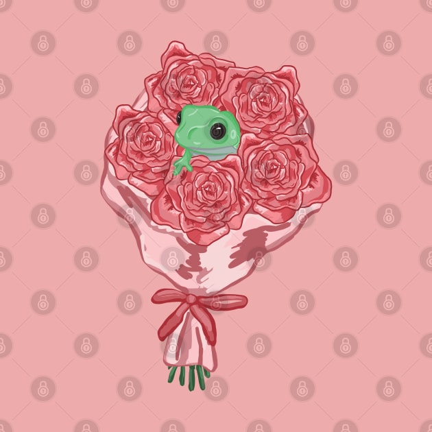 Bouquet with Green Frog and Pink Roses by RoserinArt