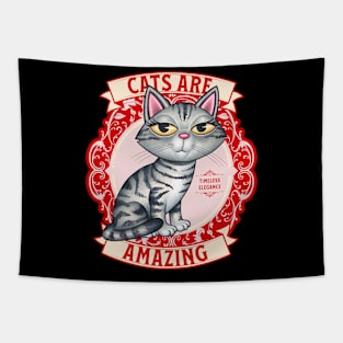 Fun Gray Tabby Kitty Cat on Red Wreath Cats are Amazing Tapestry