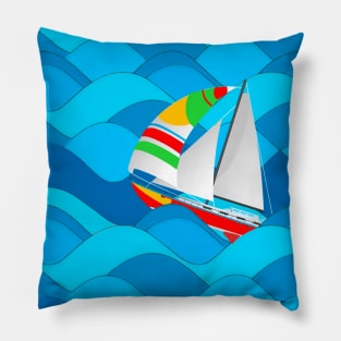 Sail Boat with Spinnaker riding the Ocean Waves Pillow