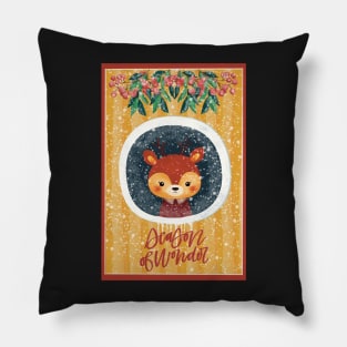 Cute Christmas card with a little reindeer looking out of a window. Outside snowing. Pillow