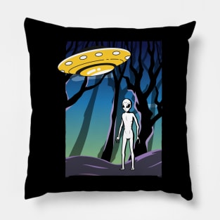 Ufo alien funny cute flying spaceship astronaut moon mars cosmic forest Pillow