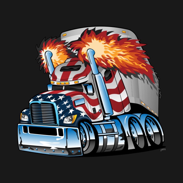 Patriotic American Flag Semi Truck Tractor Trailer Big Rig Trucker Cartoon by hobrath