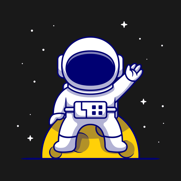 Cute Astronaut Sitting On Moon And Waving Hand Cartoon by Catalyst Labs