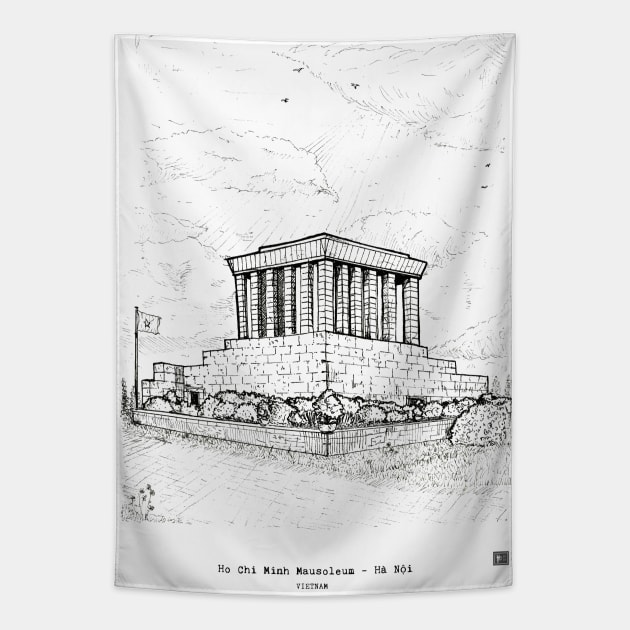 Ho Chi Minh Mausoleum Hanoi Vietnam Pen and Ink Illustration Tapestry by Wall-Art-Sketch