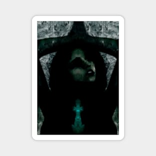 Portrait, digital collage, special processing. Beautiful but dark, like witch, woman. Tale. Dark green. Magnet