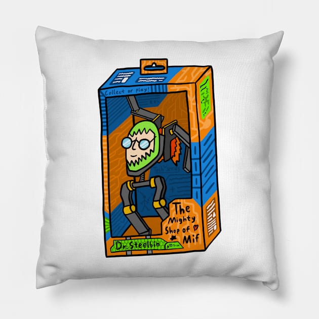 Dr. Steelbin figure toy in box collectible Pillow by The Mighty Shop of Mif