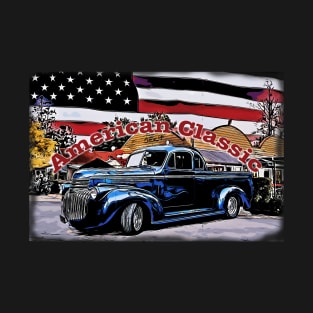 Classic Old American Truck Cartoon with American Flag T-Shirt