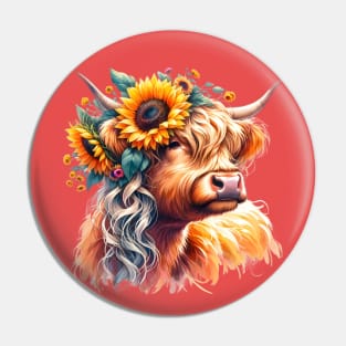 Highland Cow with Sunflower Crown Pin