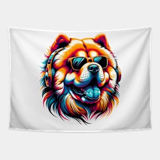 Grinning Chow Chow as a Stylish Smiling DJ Tapestry