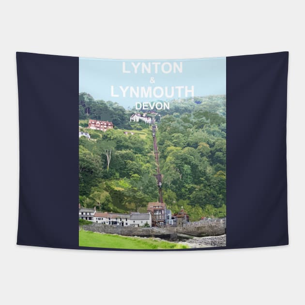 Lynton Lynmouth North Devon Cliff Railway Travel location poster Tapestry by BarbaraGlebska