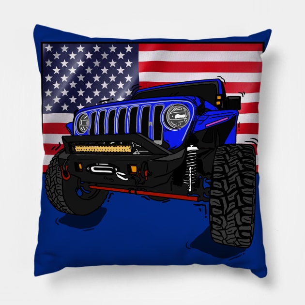 Jeep with American Flag - Blue Essential Pillow by 4x4 Sketch