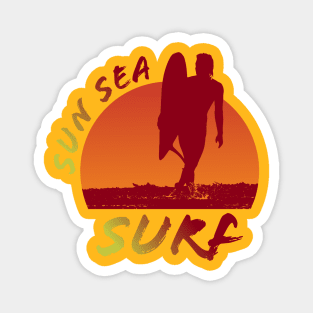 Sun Sea and Surf with surfer silhouette over sunset Magnet