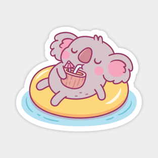 Cute Koala Chilling On Pool Float And Drinking Coconut Water Magnet