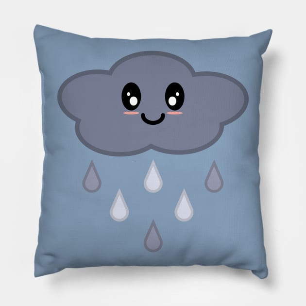 Kawaii Cute Happy Stormy Rain Cloud in Blue Pillow by Kelly Gigi