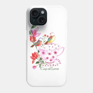 Cup of love, red and yellow birds on a pink floral cup Phone Case