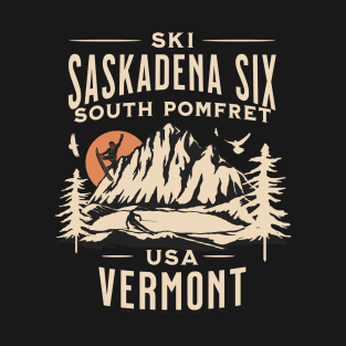 Saskadena Six ski and Snowboarding Gift: Hit the Slopes in Style at South Pomfret, Vermont Iconic American Mountain Resort T-Shirt