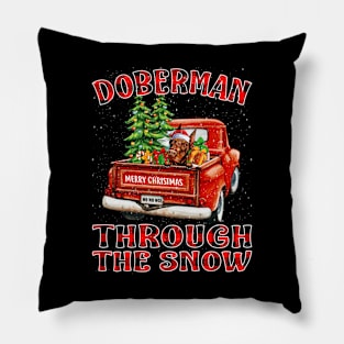 Christmas Doberman Through The Snow Dog Santa Truck Tree Pillow