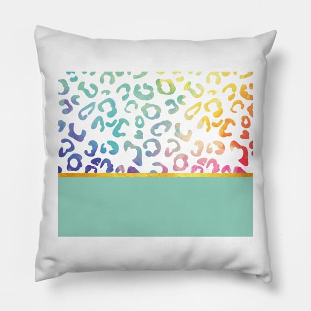 Rainbow leopard print, golden lining, mint Pillow by ColorsHappiness