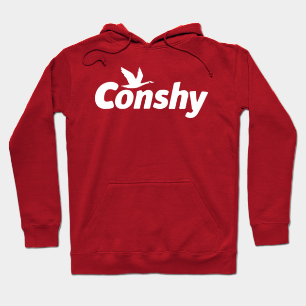 red hoodie with white writing