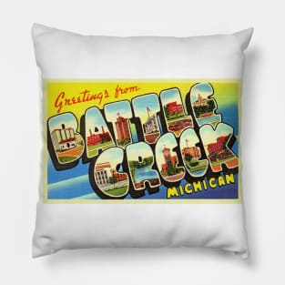 Greetings from Battle Creek Michigan, Vintage Large Letter Postcard Pillow