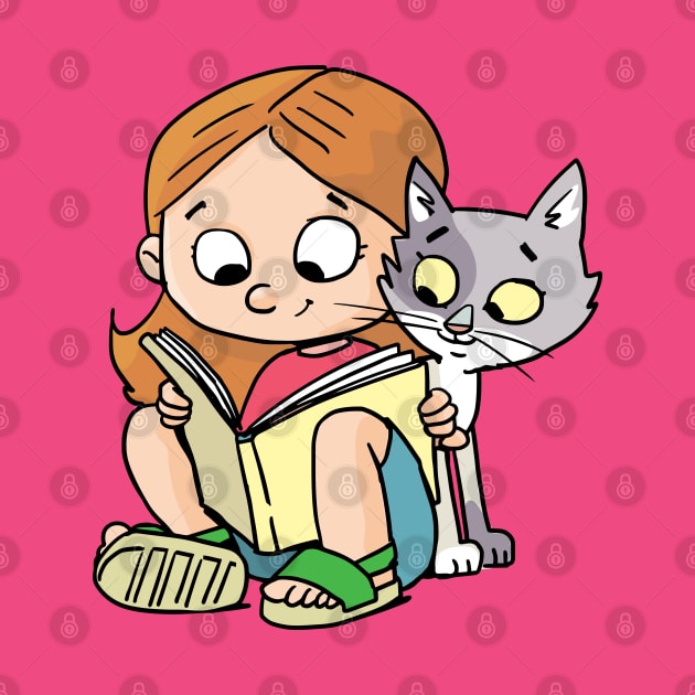 girl reads a picture book and a cat peeks into it by duxpavlic