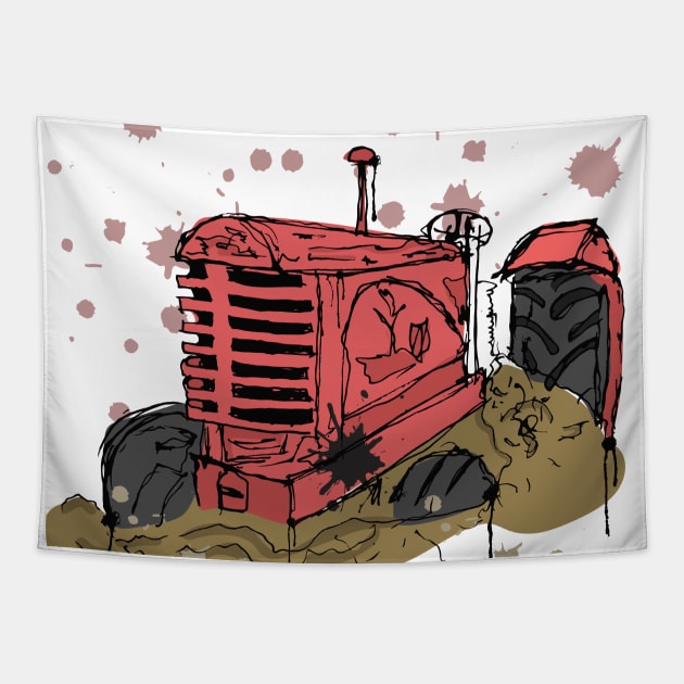 Abandoned red tractor watercolor sketch Tapestry by linespace-001