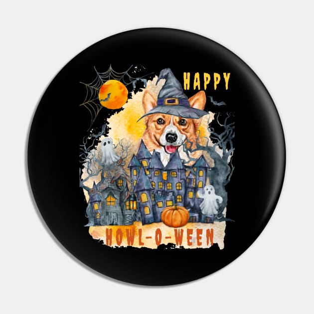 Pembroke Welsh Corgi Happy Howl-o-ween Ghost Houses Funny Watercolor Pin by Sniffist Gang