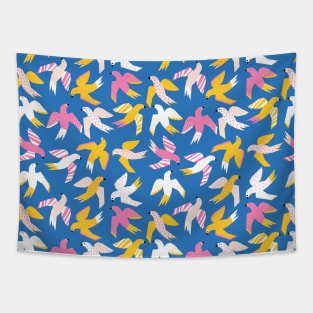 Collage Birds Blue Pink White Yellow Tapestry