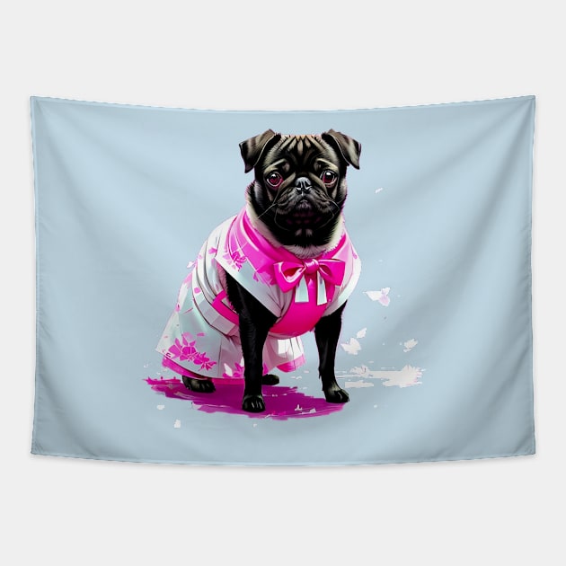 Charming Pug in Pink Hanbok Celebrating the Elegance of Korean Culture Tapestry by fur-niche