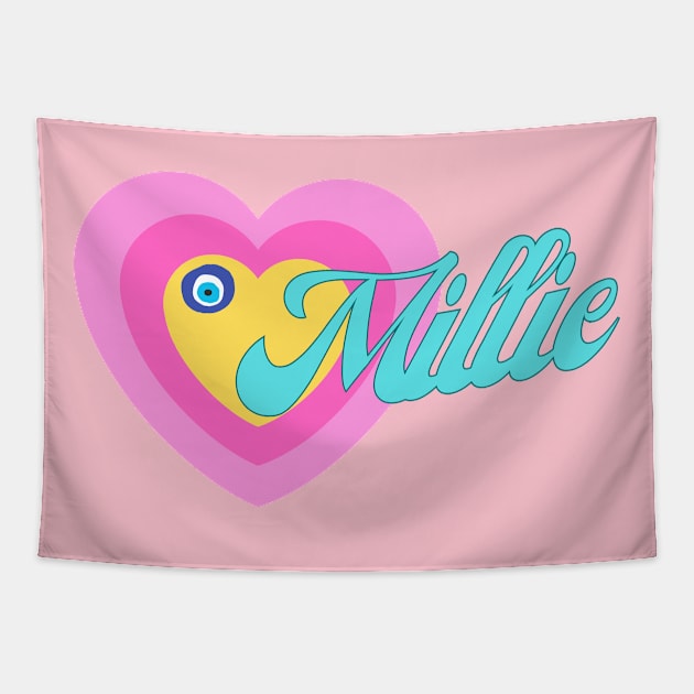 Millie in Colorful Heart Illustration Tapestry by jetartdesign