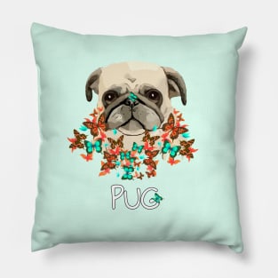 Pug, pug face and colorful butterflies, pug lovers, gift for pug lovers Pillow