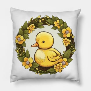 Yellow Duck in a Floral Wreath Pillow